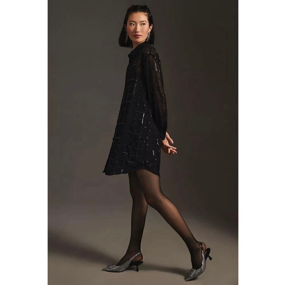 Anthropologie Rinku Dalamal Sequin Sheer Shirt Dress Black Size: Extra Small XS